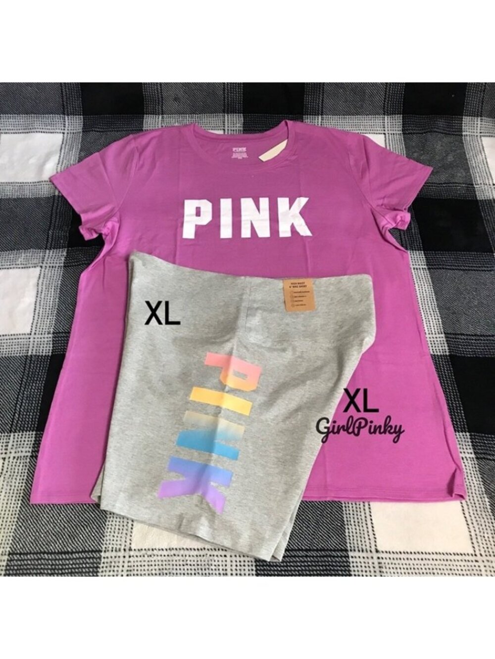 VS PINK GREY BIKE SHORTS OUTFIT & SHORT SLEEVE LOGO TEE IN PURPLE IN SIZE XL